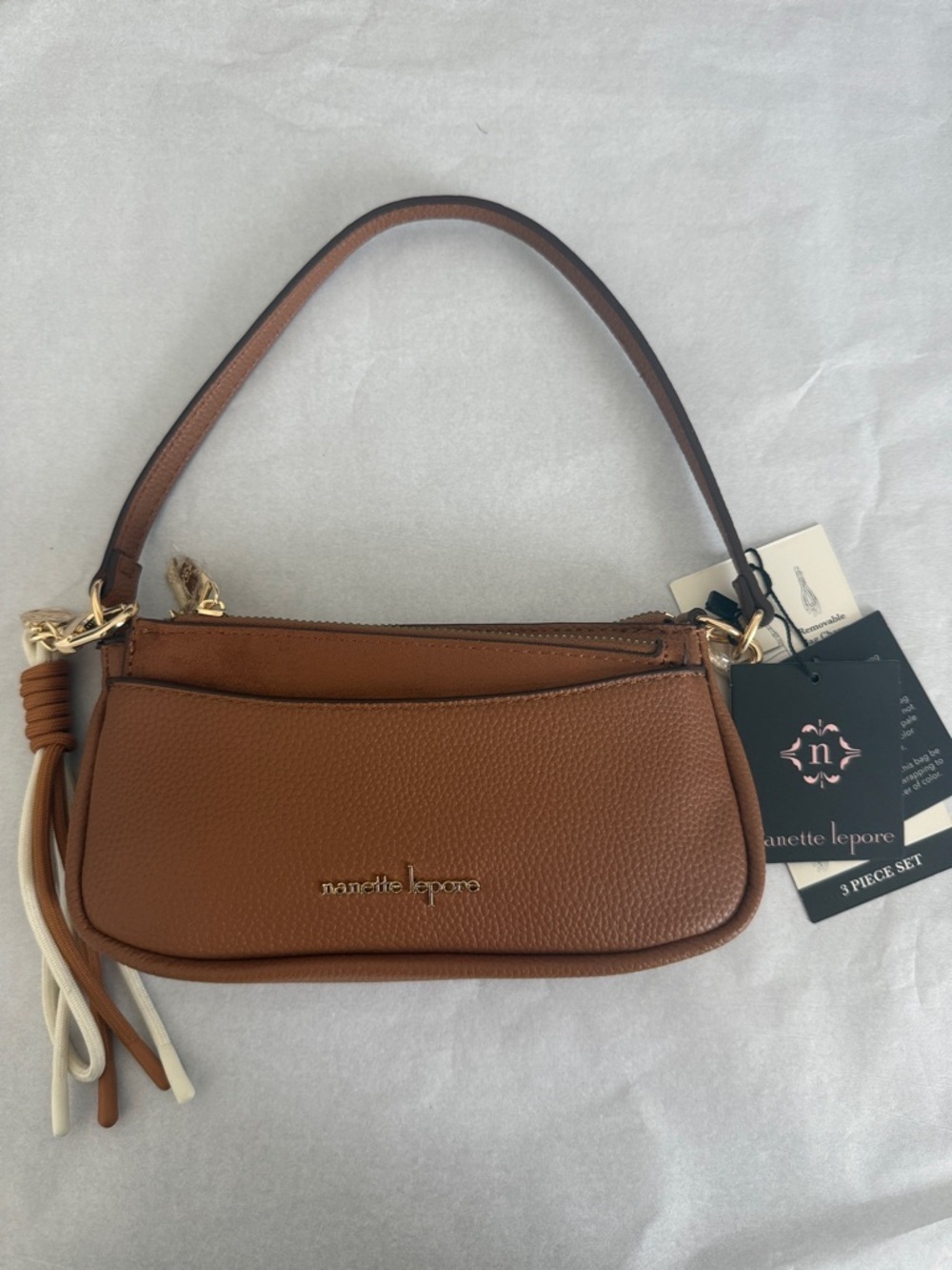 Nanette Lepore Cognac Pebble Leather Mini Shoulder Bag with Tassel - Picture 2 of 12